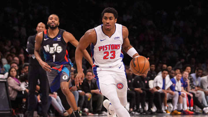 Apr 6, 2024; Brooklyn, New York, USA;  Detroit Pistons point guard Jaden Ivey (23) dribbles the ball