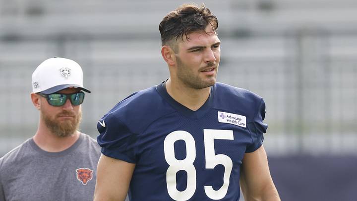 Jul 24, 2025; Lake Forest, IL, USA; Chicago Bears tight end Cole Kmet (85) looks on during training camp at Halas Hall. Mandatory Credit: Kamil Krzaczynski-Imagn Images
