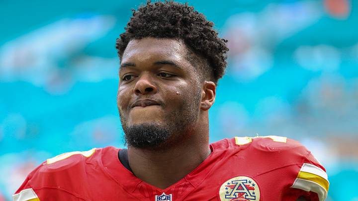 Sep 27, 2026; Miami Gardens, Florida, USA; Kansas City Chiefs offensive tackle Kahlil Benson (70) looks on after a gassed against the Miami Dolphins at Hard Rock Stadium. Mandatory Credit: Nathan Ray Seebeck-Imagn Images