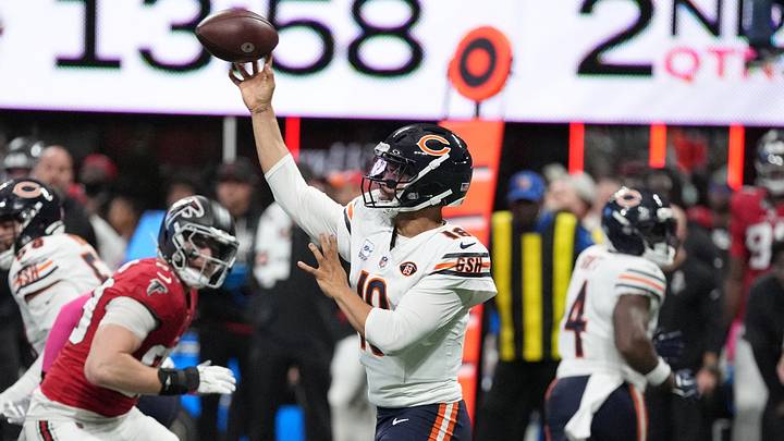Caleb Williams gets rid of a quick throw against the Falcons in Sunday's Bears win. Caleb Williams gets rid of a quick throw against the Falcons in Sunday's Bears win.
