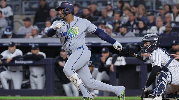 Oct 7, 2026; Bronx, New York, USA; Tampa Bay Rays designated hitter Yandy Diaz (2) singles during the first inning against the New York Yankees in game three of the ALDS for the 2026 MLB Playoffs at Yankee Stadium. Mandatory Credit: Brad Penner-Imagn Images Oct 7, 2026; Bronx, New York, USA; Tampa Bay Rays designated hitter Yandy Diaz (2) singles during the first inning against the New York Yankees in game three of the ALDS for the 2026 MLB Playoffs at Yankee Stadium. Mandatory Credit: Brad Penner-Imagn Images