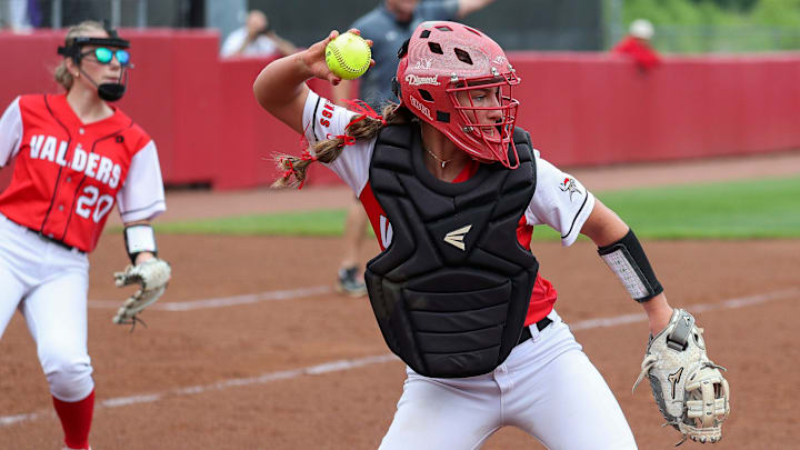 Valders High School's Makayla Dallas (1) throws the ball to first base during a Division 3 state semifinal at the 2025 WIAA state softball tournament on Friday, June 13, 2025, at Goodman Softball Complex in Madison, Wisconsin..Tork Mason/USA TODAY NETWORK-Wisconsin