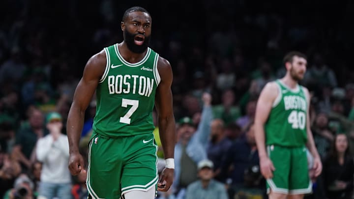 May 7, 2025; Boston, Massachusetts, USA; Boston Celtics guard Jaylen Brown (7) react after a play against the New York Knicks in the second quarter during game two of the second round for the 2025 NBA Playoffs at TD Garden. Mandatory Credit: David Butler II-Imagn Images