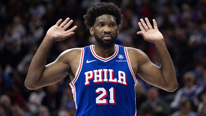 Nov 2, 2023; Philadelphia, Pennsylvania, USA; Philadelphia 76ers center Joel Embiid (21) reacts after a play against the Toronto Raptors during the first quarter at Wells Fargo Center. Mandatory Credit: Bill Streicher-Imagn Images