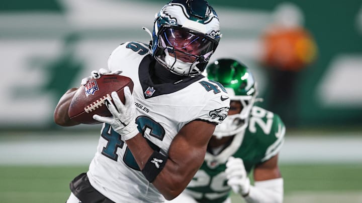 Aug 22, 2025; East Rutherford, New Jersey, USA; Philadelphia Eagles wide receiver Terrace Marshall Jr. (46) gains yards after catch  during the first half against the New York Jets at MetLife Stadium.