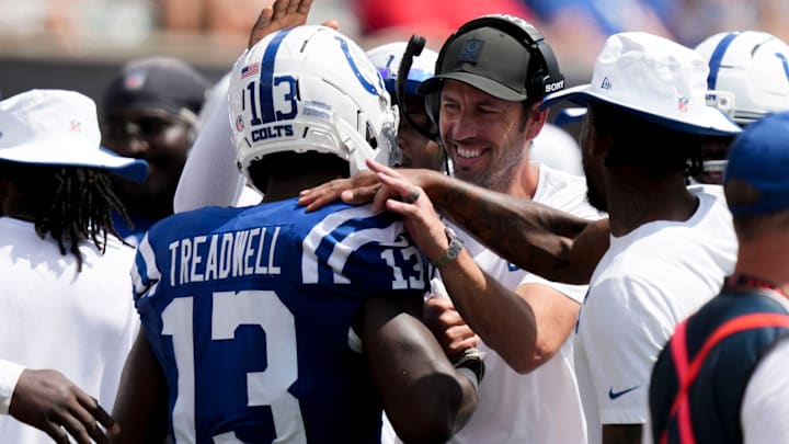 Indianapolis Colts head coach Shane Steichen celebrates with Indianapolis Colts wide receiver Laquon Treadwell (13) after a touchdown Saturday, Aug. 23, 2025, during a game against the Cincinnati Bengals at Paycor Stadium in Cincinnati.