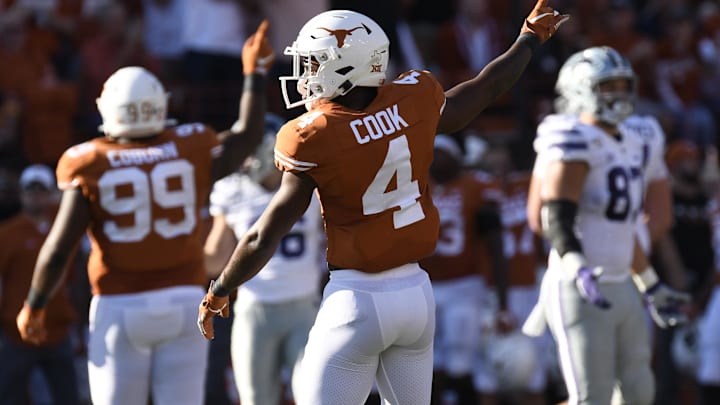 Nov 9, 2019; Austin, TX, USA; Texas Longhorns defensive back Anthony Cook (4) signals for a fumble
