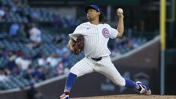 Sep 4, 2024; Chicago, Illinois, USA; Chicago Cubs starting pitcher Shota Imanaga (18) delivers a pitch against the Pittsburgh Pirates during the first inning at Wrigley Field.