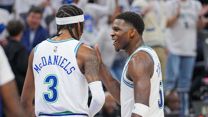 May 16, 2024; Minneapolis, Minnesota, USA; Minnesota Timberwolves guard Anthony Edwards (5) and