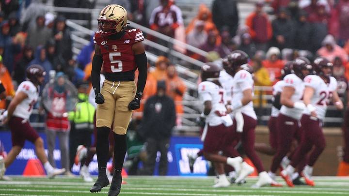 Sep 26, 2026; Chestnut Hill, Massachusetts, USA;  Boston College Eagles defensive back Marcus Upton (5) celebrates a stop in the first half against the Virginia Tech Hokies at Alumni Stadium.  Mandatory Credit: Edward Finan-Imagn Images