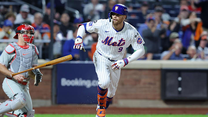 Oct 8, 2024; New York City, New York, USA; New York Mets outfielder Brandon Nimmo (9) walks in the sixth inning against the Philadelphia Phillies during game three of the NLDS for the 2024 MLB Playoffs at Citi Field. Mandatory Credit: Brad Penner-Imagn Images Oct 8, 2024; New York City, New York, USA; New York Mets outfielder Brandon Nimmo (9) walks in the sixth inning against the Philadelphia Phillies during game three of the NLDS for the 2024 MLB Playoffs at Citi Field. Mandatory Credit: Brad Penner-Imagn Images