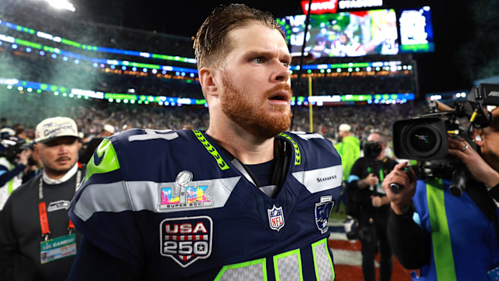 Feb 8, 2026; Santa Clara, CA, USA; Seattle Seahawks quarterback Sam Darnold (14) reacts after defeating the New England Patriots in Super Bowl LX at Levi's Stadium.