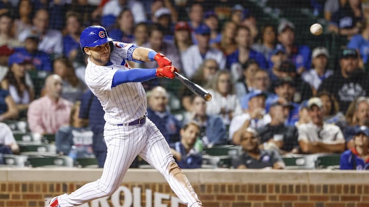 Sep 6, 2022; Chicago, Illinois, USA; Chicago Cubs second baseman Nick Madrigal (1) hits a two-run