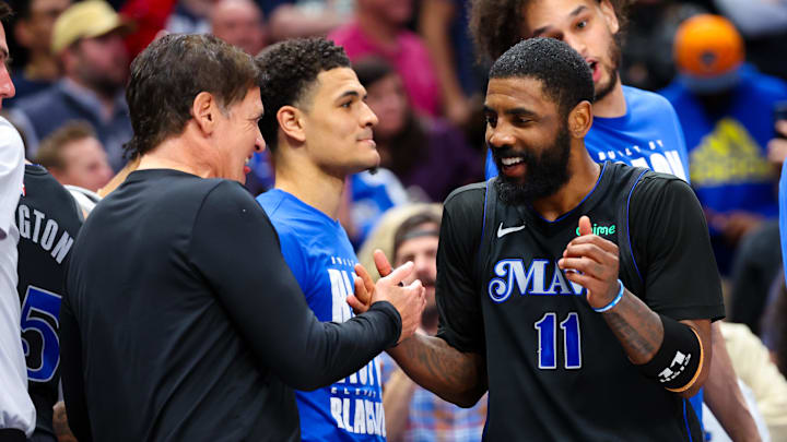 Feb 22, 2024; Dallas, Texas, USA; Dallas Mavericks guard Kyrie Irving (11) celebrates with Mark Cuban during the second half against the Phoenix Suns at American Airlines Center. Mandatory Credit: Kevin Jairaj-Imagn Images Feb 22, 2024; Dallas, Texas, USA; Dallas Mavericks guard Kyrie Irving (11) celebrates with Mark Cuban during the second half against the Phoenix Suns at American Airlines Center. Mandatory Credit: Kevin Jairaj-Imagn Images