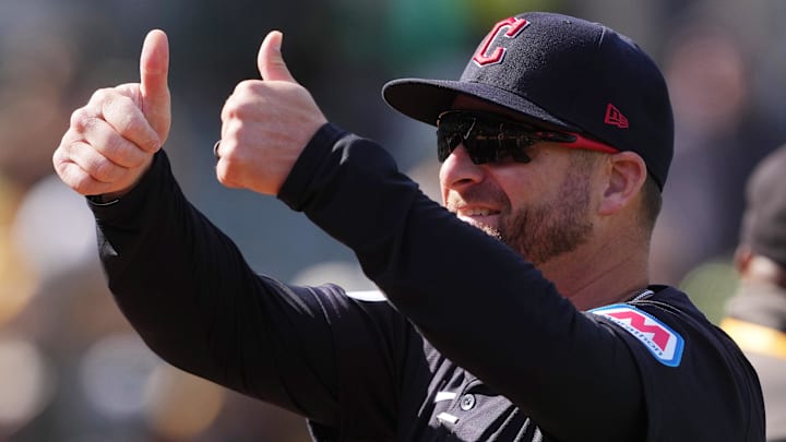 Mar 30, 2024; Oakland, California, USA; Cleveland Guardians manager Stephen Vogt (12) gestures after defeating the Oakland Athletics at Oakland-Alameda County Coliseum. Mandatory Credit: Darren Yamashita-Imagn Images