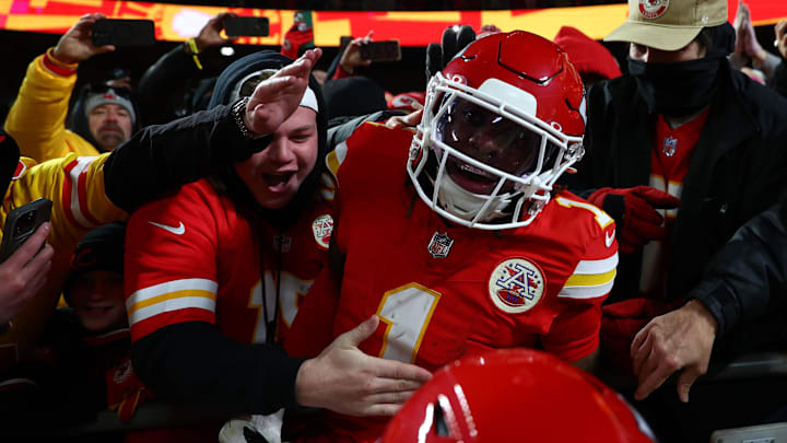 Jan 26, 2025; Kansas City, MO, USA; Kansas City Chiefs wide receiver Xavier Worthy (1) reacts with fans after a touchdown against the Buffalo Bills during the first half in the AFC Championship game at GEHA Field at Arrowhead Stadium. Mandatory Credit: Mark J. Rebilas-Imagn Images