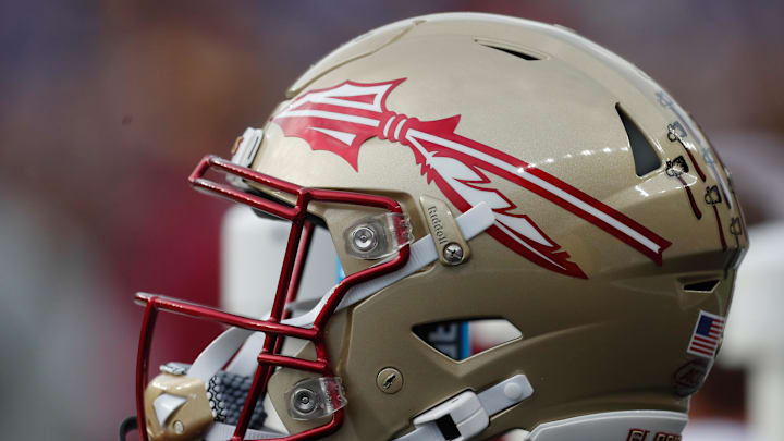 Nov 4, 2023; Pittsburgh, Pennsylvania, USA; A Florida State Seminoles helmet on the sidelines against the Pittsburgh Panthers during the second quarter at Acrisure Stadium. Mandatory Credit: Charles LeClaire-Imagn Images Nov 4, 2023; Pittsburgh, Pennsylvania, USA; A Florida State Seminoles helmet on the sidelines against the Pittsburgh Panthers during the second quarter at Acrisure Stadium. Mandatory Credit: Charles LeClaire-Imagn Images
