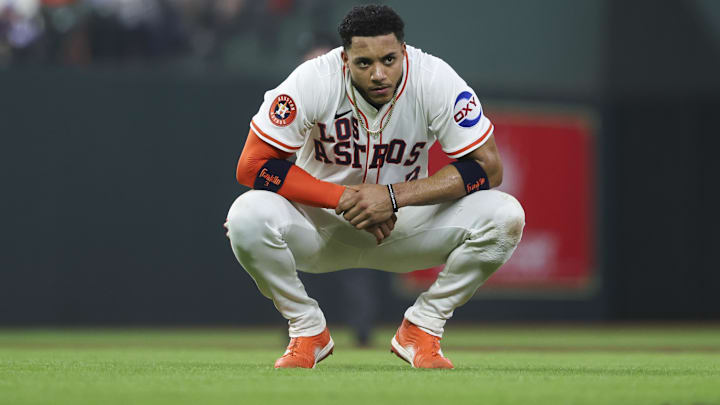 Sep 20, 2025; Houston, Texas, USA; Houston Astros shortstop Jeremy Pena (3) reacts after a play during the sixth inning against the Seattle Mariners at Daikin Park. Sep 20, 2025; Houston, Texas, USA; Houston Astros shortstop Jeremy Pena (3) reacts after a play during the sixth inning against the Seattle Mariners at Daikin Park.