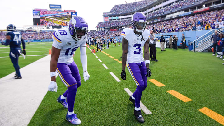 Nov 17, 2024; Nashville, Tennessee, USA; Minnesota Vikings wide receiver Justin Jefferson (18) celebrates with wide receiver Jordan Addison (3) after his touchdown against the Tennessee Titans during the first half at Nissan Stadium.