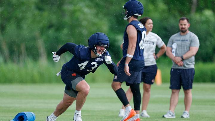 Tight end Hayden Large runs ont he practice field prior to the start of work. Large has made the Bears' roster, at least for now. Tight end Hayden Large runs ont he practice field prior to the start of work. Large has made the Bears' roster, at least for now.
