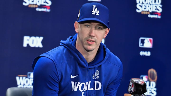 Oct 27, 2024; New York, NY, USA;Los Angeles Dodgers pitcher Walker Buehler speaks at a press conference prior to game three of the World Series against the New York Yankees at Yankees Stadium. Oct 27, 2024; New York, NY, USA;Los Angeles Dodgers pitcher Walker Buehler speaks at a press conference prior to game three of the World Series against the New York Yankees at Yankees Stadium.