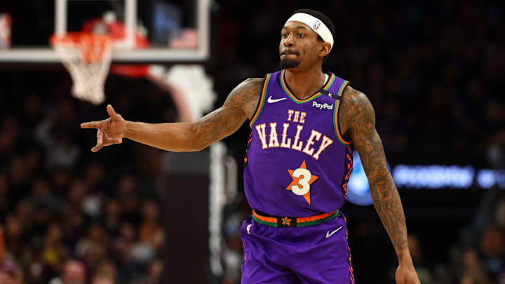 Jan 12, 2025; Phoenix, Arizona, USA; Phoenix Suns guard Bradley Beal (3) reacts against the Charlotte Hornets during the first half at Footprint Center. Mandatory Credit: Mark J. Rebilas-Imagn Images