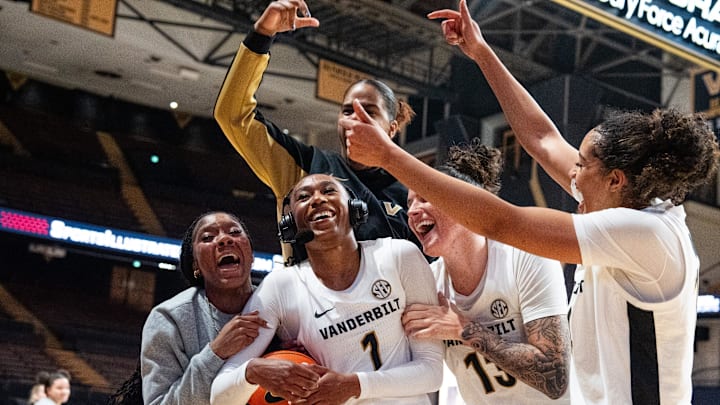 Vanderbilt Commodores guard Mikayla Blakes (1) celebrates with her teammates after the women’s basketball game between the Vanderbilt Commodores and Virginia Cavaliers at Vanderbilt's Memorial Gymnasium in Nashville on Wednesday, Dec. 3, 2025.