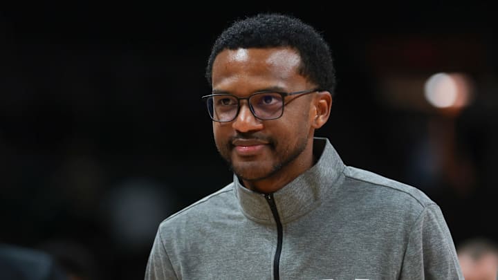Nov 3, 2025; Coral Gables, Florida, USA; Miami Hurricanes head coach Jai Lucas looks on after the game against the Jacksonville Dolphins at Watsco Center. Mandatory Credit: Sam Navarro-Imagn Images