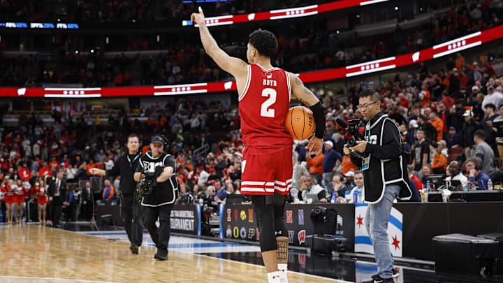 Mar 13, 2026; Chicago, IL, USA; Wisconsin Badgers guard Nick Boyd (2) celebraes after the game against the Illinois Fighting Illini at United Center. Mandatory Credit: Kamil Krzaczynski-Imagn Images