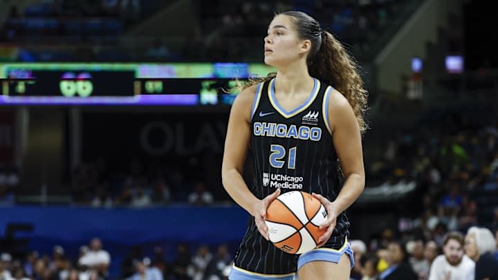 Sep 11, 2025; Chicago, Illinois, USA; Chicago Sky forward Maddy Westbeld (21) looks to pass the ball against the New York Liberty during the second half at Wintrust Arena. Mandatory Credit: Kamil Krzaczynski-Imagn Images