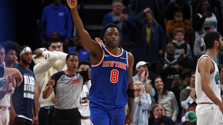 Feb 28, 2025; Memphis, Tennessee, USA; New York Knicks forward OG Anunoby (8) reacts after the game winning three pointer during the fourth quarter against the Memphis Grizzlies at FedExForum. Mandatory Credit: Petre Thomas-Imagn Images