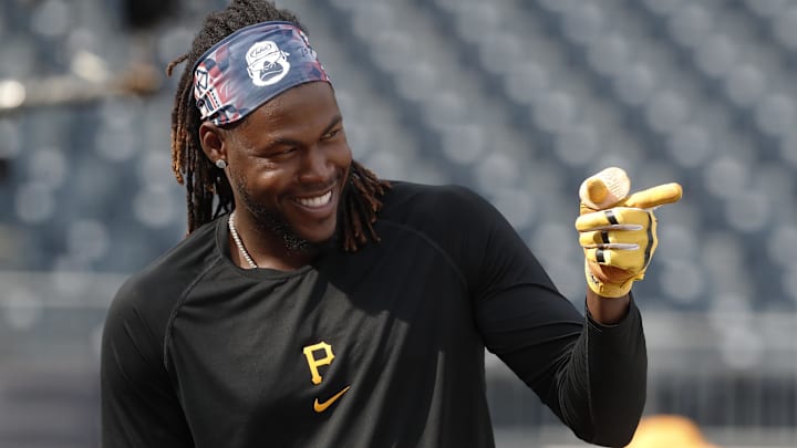 Apr 8, 2023; Pittsburgh, Pennsylvania, USA;  Pittsburgh Pirates shortstop Oneil Cruz (15) reacts at