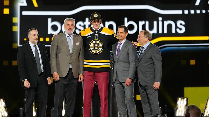 Jun 28, 2024; Las Vegas, Nevada, USA; Dean Letourneau is selected by the Boston Bruins with the 25th overall pick in the first round of the 2024 NHL Draft at The Sphere. Mandatory Credit: Stephen R. Sylvanie-Imagn Images Jun 28, 2024; Las Vegas, Nevada, USA; Dean Letourneau is selected by the Boston Bruins with the 25th overall pick in the first round of the 2024 NHL Draft at The Sphere. Mandatory Credit: Stephen R. Sylvanie-Imagn Images