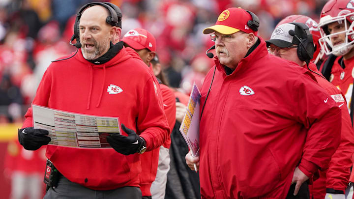 Kansas City Chiefs offensive coordinator Matt Nagy, left, stands next to head coach Andy Reid against the Raiders