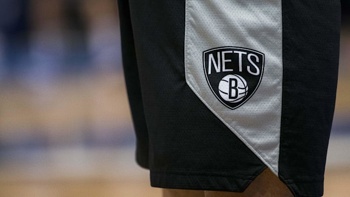 Nov 21, 2018; Dallas, TX, USA; A view of the team logo on the shorts of Brooklyn Nets forward Jared Dudley (6) as he warms up before the game against the Dallas Mavericks at the American Airlines Center. Mandatory Credit: Jerome Miron-Imagn Images
