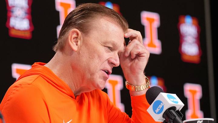 Apr 2, 2026; Indianapolis, IN, USA; Illinois head coach Brad Underwood during a press conference ahead of the Final Four of the men's 2026 NCAA Tournament at Lucas Oil Stadium. Mandatory Credit: Robert Deutsch-Imagn Images