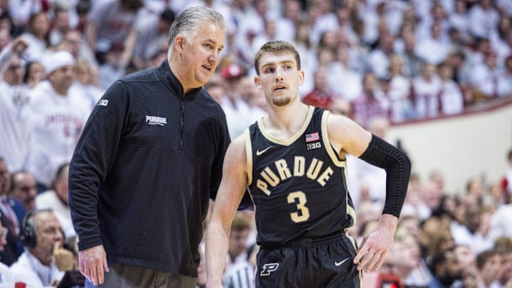Purdue Boilermakers head coach Matt Painter and guard Braden Smith (3) in the second half against the Indiana Hoosiers