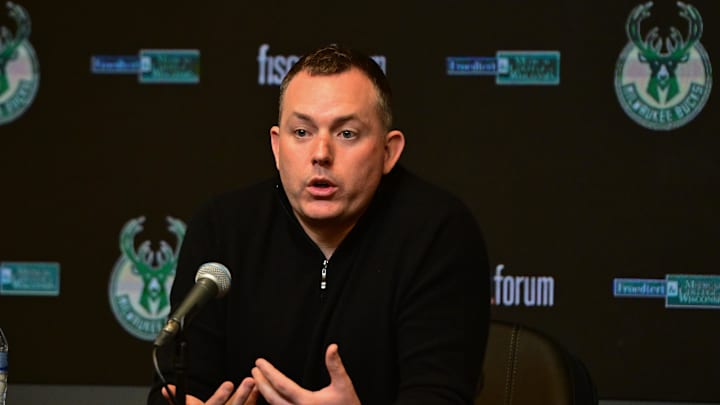 Jan 24, 2024; Milwaukee, Wisconsin, USA; Milwaukee Bucks general manager Jon Horst address the media after head coach Adrian Griffin (not pictured) was dismissed at Fiserv Forum. Mandatory Credit: Benny Sieu-Imagn Images Jan 24, 2024; Milwaukee, Wisconsin, USA; Milwaukee Bucks general manager Jon Horst address the media after head coach Adrian Griffin (not pictured) was dismissed at Fiserv Forum. Mandatory Credit: Benny Sieu-Imagn Images