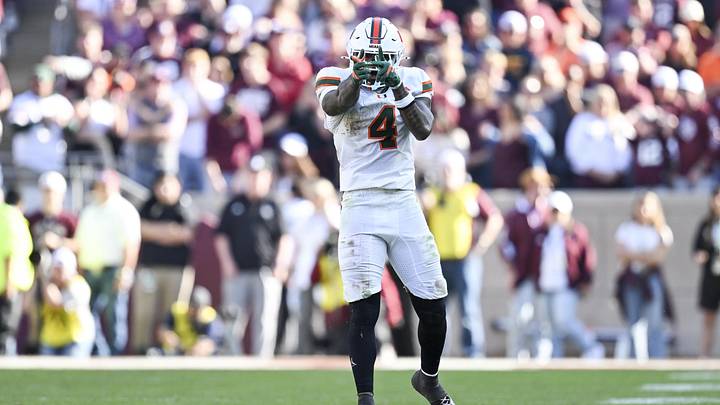 Dec 20, 2025; College Station, TX, USA; Miami Hurricanes running back Mark Fletcher Jr. (4) reacts after a run against the Texas A&M Aggies during the second half of the first round game of the CFP National Playoff at Kyle Field. Mandatory Credit: Maria Lysaker-Imagn Images Dec 20, 2025; College Station, TX, USA; Miami Hurricanes running back Mark Fletcher Jr. (4) reacts after a run against the Texas A&M Aggies during the second half of the first round game of the CFP National Playoff at Kyle Field. Mandatory Credit: Maria Lysaker-Imagn Images
