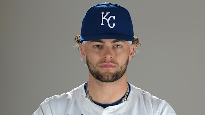 Feb 19, 2025; Surprise, AZ, USA; Kansas City Royals catcher Carter Jensen (74) poses for a photo during media day. Mandatory Credit: Jayne Kamin-Oncea-Imagn Images  