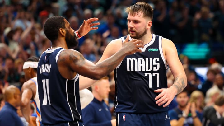 May 11, 2024; Dallas, Texas, USA; Dallas Mavericks guard Luka Doncic (77) celebrates with Dallas Mavericks guard Kyrie Irving (11) after the game against the Oklahoma City Thunder during game three of the second round for the 2024 NBA playoffs at American Airlines Center.