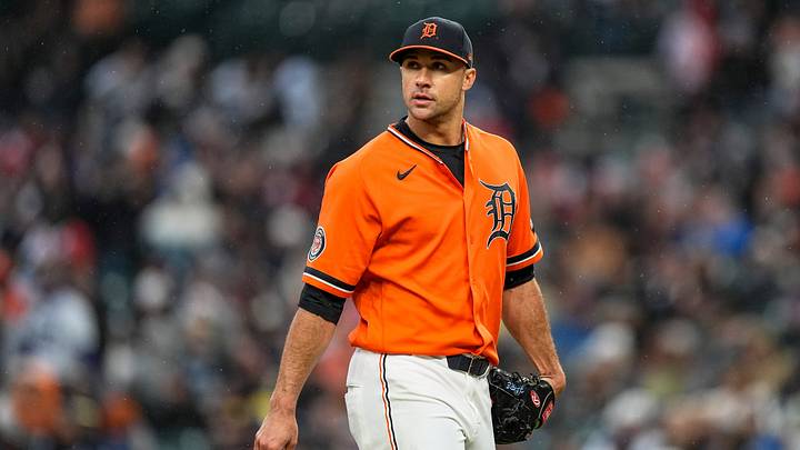Detroit Tigers pitcher Jack Flaherty (9) walks off the field for pitching change against Texas Rangers during the fourth inning at Comerica Park in Detroit on Friday, May 1, 2026. Detroit Tigers pitcher Jack Flaherty (9) walks off the field for pitching change against Texas Rangers during the fourth inning at Comerica Park in Detroit on Friday, May 1, 2026.