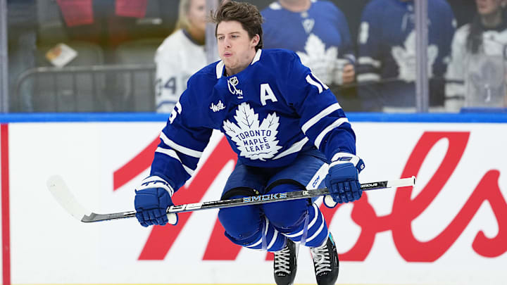 Apr 17, 2025; Toronto, Ontario, CAN; Toronto Maple Leafs right wing Mitch Marner (16) jumps during the warmup before a game against the Detroit Red Wings at Scotiabank Arena. Mandatory Credit: Nick Turchiaro-Imagn Images