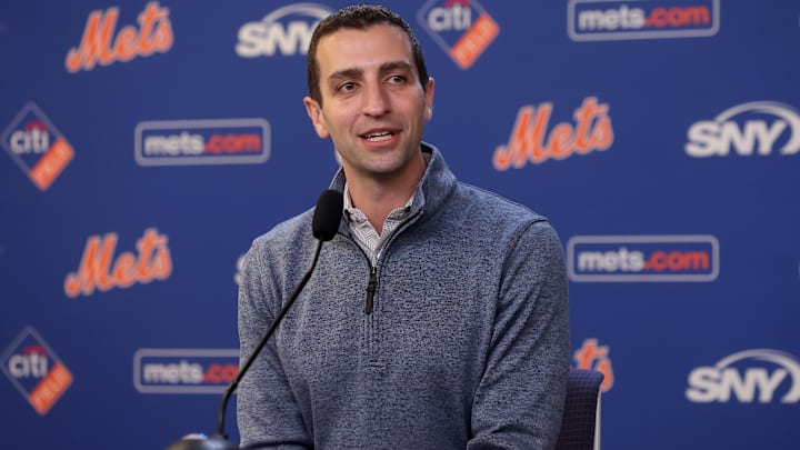 Jul 30, 2024; New York City, New York, USA; New York Mets president of baseball operations David Stearns speaks to the media about the MLB trade deadline before a game against the Minnesota Twins at Citi Field. Mandatory Credit: Brad Penner-Imagn Images