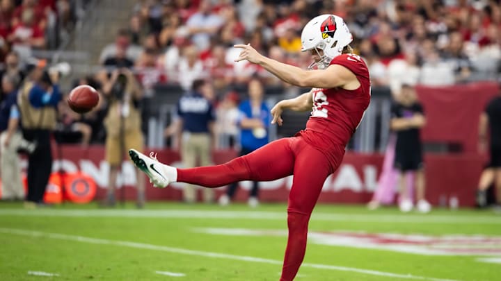 Sep 29, 2024; Glendale, Arizona, USA; Arizona Cardinals punter Blake Gillikin (12) against the Washington Commanders at State Farm Stadium. Mandatory Credit: Mark J. Rebilas-Imagn Images Sep 29, 2024; Glendale, Arizona, USA; Arizona Cardinals punter Blake Gillikin (12) against the Washington Commanders at State Farm Stadium. Mandatory Credit: Mark J. Rebilas-Imagn Images
