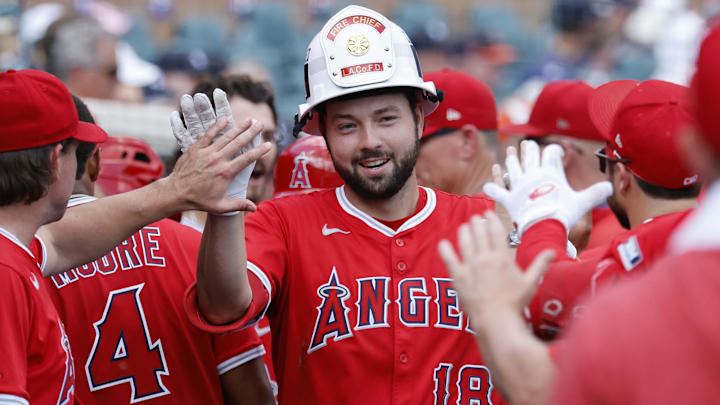 Aug 10, 2025; Detroit, Michigan, USA;  Los Angeles Angels first baseman Nolan Schanuel (18) celebrates with teammates after he hits a two run home run in the fifth inning against the Detroit Tigers at Comerica Park. Mandatory Credit: Rick Osentoski-Imagn Images