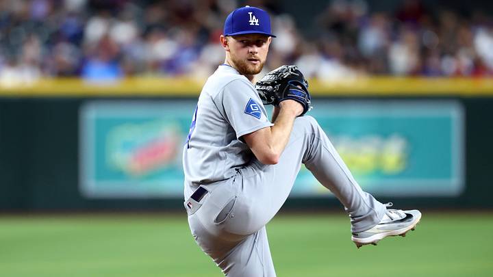 Jun 2, 2026; Phoenix, Arizona, USA; Los Angeles Dodgers pitcher Eric Lauer against the Arizona Diamondbacks at Chase Field. Mandatory Credit: Mark J. Rebilas-Imagn Images