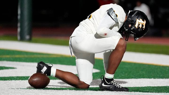 Oct 24, 2025; Evans, Georgia, USA; Evans running back Brycen Gault (19) scores a touchdown during the Greenbrier and Evans football game at Greenbrier High School. Evans won 45-35. Mandatory Credit: Katie Goodale - Augusta Chronicle/USA TODAY NETWORK