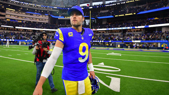Jan 4, 2026; Inglewood, California, USA;  Los Angeles Rams quarterback Matthew Stafford (9) leaves the field following a game against the Arizona Cardinals at SoFi Stadium. Mandatory Credit: Gary A. Vasquez-Imagn Images