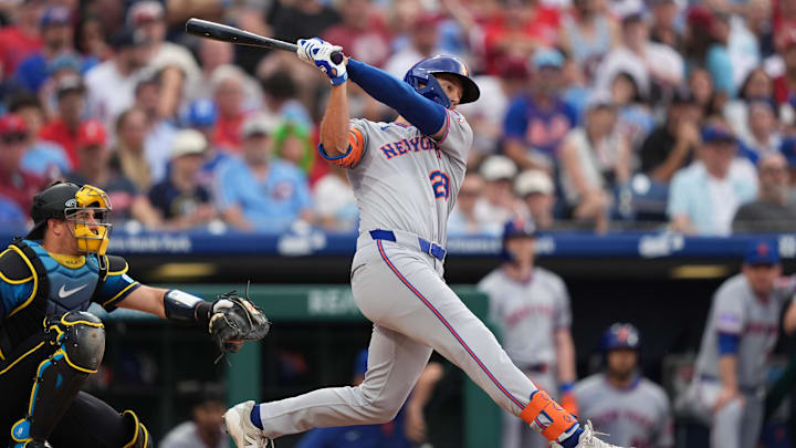 Jun 20, 2025; Philadelphia, Pennsylvania, USA; New York Mets outfielder Jared Young (29) hits a single against the Philadelphia Phillies in the second inning at Citizens Bank Park. Mandatory Credit: Kyle Ross-Imagn Images Jun 20, 2025; Philadelphia, Pennsylvania, USA; New York Mets outfielder Jared Young (29) hits a single against the Philadelphia Phillies in the second inning at Citizens Bank Park. Mandatory Credit: Kyle Ross-Imagn Images